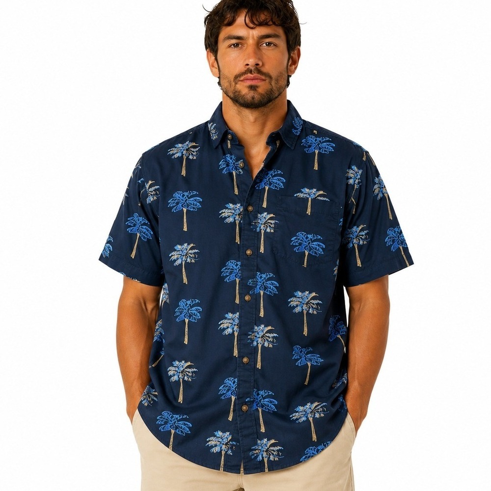 Free Planet Button Front Shirt Mens Small Navy Blue Palm Tree Print Short Sleeve